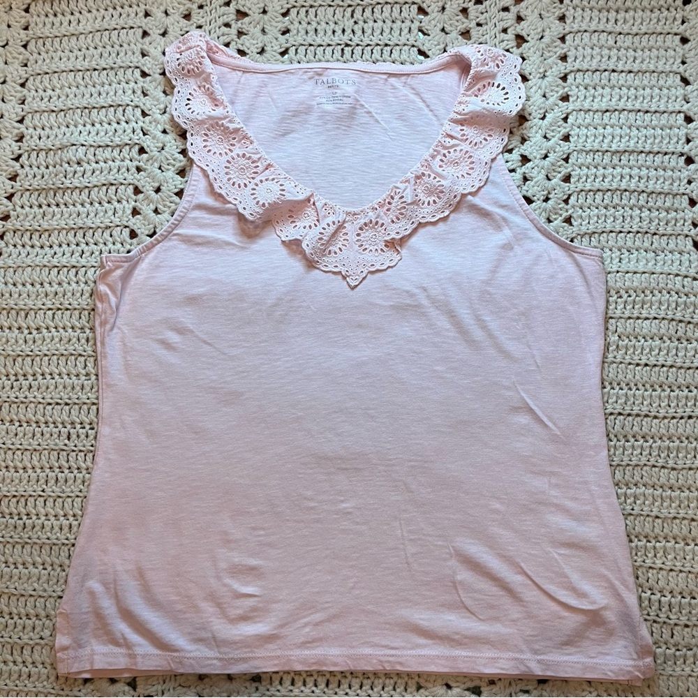 Talbots Soft Pink V-Neck Eyelet Trim Sleeveless Shirt Size Petite Large